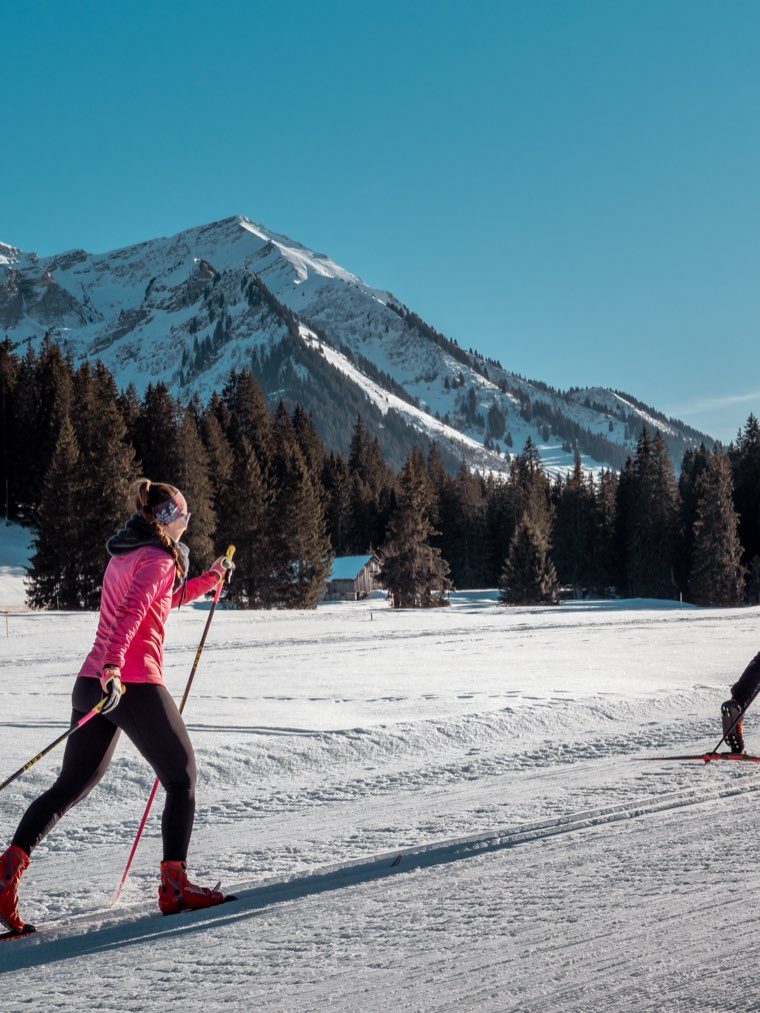 Cross-country skiers on a prepared track in the Pays-d'Enhaut