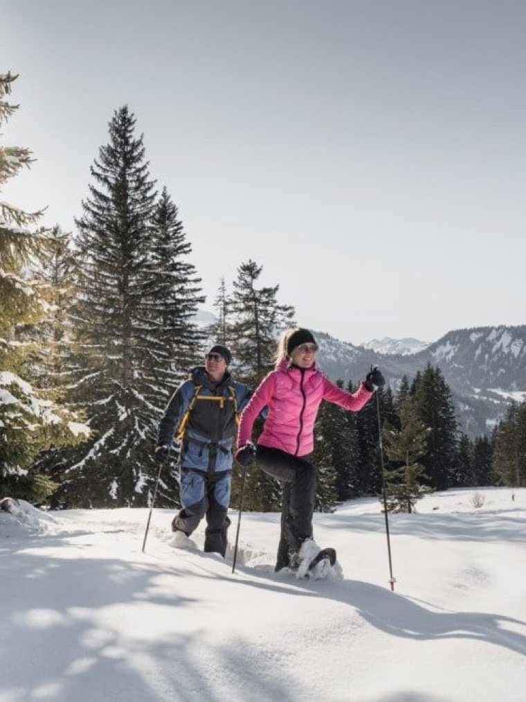Snowshoe walkers between snow-covered firs
